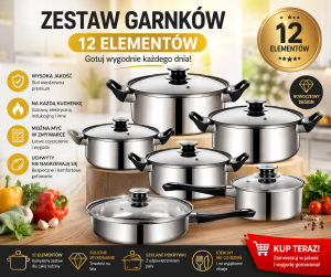 ZESTAW STALOWE GARNKI PATELNIA POKRYWKI KOMPLET 12 ELEMENTÓW 