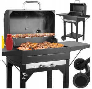 GRILL WĘGLOWY DUŻY OGRODOWY Z POKRYWĄ PRZENOŚNY KÓŁKA TERMOMETR POPIELNIK