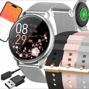 SMARTWATCH ZEGAREK DAMSKI POLSKIE MENU ROZMOWY POWIADOMIENIA SPORT 4 PASKI SREBRNY ZŁOTY